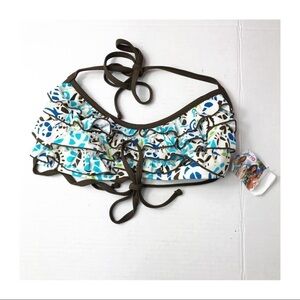 NWT Hapari Bora Bora Ruffle Swim Bikini Top Women Size S Blue Brown